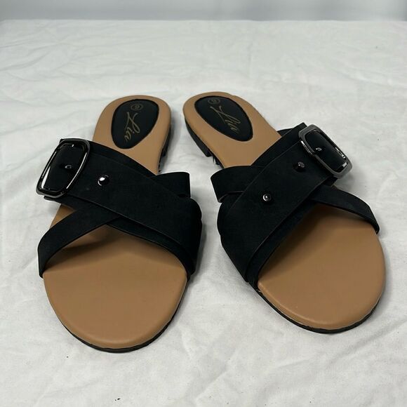 LIA BLACK STRAP FLAT SLIDE SANDALS FTL-04-021 - Picture 1 of 4